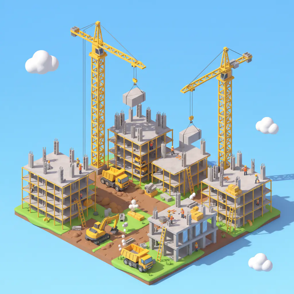 Ilustração 3D de canteiro de obras isométrico